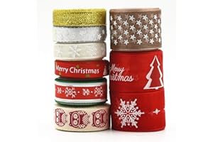 byou Nastri Natalizi,Nastro Natalizio 9 Stile 18 Metri Christmas Ribbon con Colore Diverso per Decorazione Natale Cucito DIY Rosso e Lino 1 cm 1.5 cm 2.5 cm in Larghezza