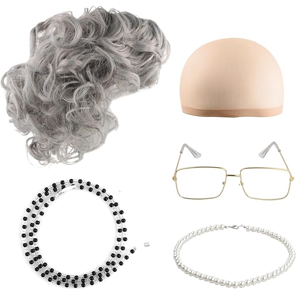 8-teiliges Oma Kostüm Set - Rentner Verkleidung Mit Perücke & Accessoires Für Halloween