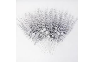 LEIXI 24pcs Glitter Eucalyptus Leaves Stems,13.8In Christmas Eucalyptus Branches Plants for Wedding Xmas Tree Holiday Winter Home Fireplace Decor (Sliver)