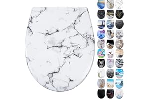 Fanmitrk Toilettendeckel, WC Sitz mit Absenkautomatik, Klodeckel Duroplast, Klobrille Montage von oben, Toilettensitz mit Quick Release (Weiß Marmor)