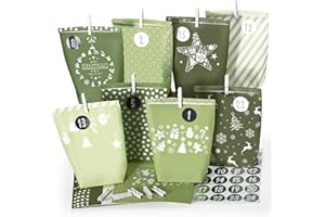 ANYUNKEY Adventskalender zum Befüllen 2025, Weihnachtskalender Papiertüten, Kraftpapiertüten zum selbst füllen,grüner Stil, 24 Bedruckte Geschenktüten für Kinder Junge und Mädchen, Wiederverwendbar