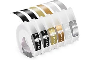 ‎AIRMALL Airmall Kompatibel Dymo Omega Etikettenband Ersatz für Dymo Prägeband 9mm x 3m, 3D Vinyl-Prägeetiketten für Dymo Omega Junior Prägegerät Weiß auf Schwarz/Gold/Champagner Gold/Silber/Transparent