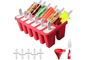 HONNESSERRY Ice Lolly Moulds,12-Hole Popsicle Moulds, Non-Stick Ice Cream Moulds, Food Grade Silicone Ice Lolly Moulds with Sticks, Cleaning Brush and Folding Funnel, BPA Free, Red