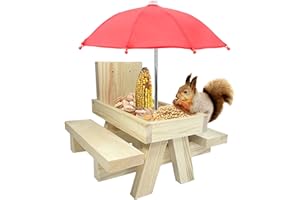BSEICAL Squirrel Feeder Table With Umbrella, Outside Wooden Picnic Table Feeder For Squirrels With Corn Cob Holder Squirrel Feeding Station Suitable For Gardens Trees Fences (Wood, Original wood color)