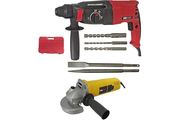 Inditrust 6 months warranty 1250W 26mm Reversible Rotary Hammer Drilling Machine 3 Modes & SDS 5-Drill Bits With Case + 950W 4-Inch Angle Grinder 100% Copper Winding (Red Hammer + Grinder)