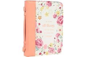 Christian Art Gifts Women's Fashion Bible Cover He Works All Things for Good Romans 8:28, Peach Floral Faux Leather, Large