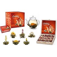 Creano Teeblumen Mix - Geschenkset ErblühTee mit Glaskanne & 6 Teeblumen + 12 Teerosen in Teekiste aus Holz in 6 Sorten…