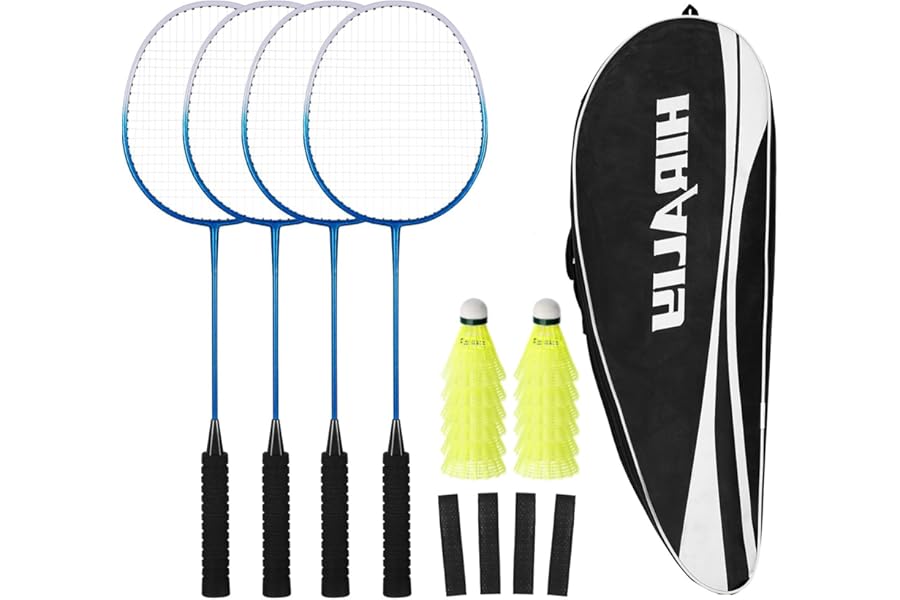 HIRALIY Badminton Rackets Set of 4 for Outdoor Backyard Games, Including 4 Rackets, 12 Nylon Shuttlecocks, 4 Replacement Grip Tapes and 1 Carrying Bag