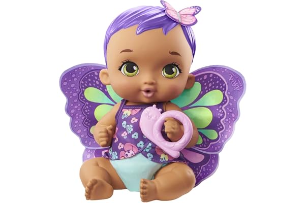My Garden Baby poupon bébé papillon boit et fait pipi 30 cm violet avec couche, vêtements et ailes amovibles, poupée pour enfant dès 3 ans, GYP11