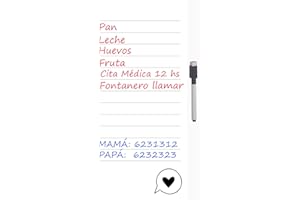 NOMBRETINAS ETIQUETAS QUE HACEN LA DIFERENCIA Notas para nevera de 14 x 29 cm. - Pizarra blanca magnética con rotulador incluido. Lista de compras, recordatorio, agenda. Iman para heladera, organizadores. (Corazon)