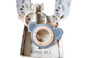 MAMAN COCO L’anneau de dentition bébé silicone alimentaire sans BPA avec le bois naturel - jouet de dentition bébé - Jouet éveil Montessori à Mordiller - Cadeau Naissance (Koala light ocean+Elephant)