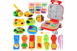OTONOPI Dough Play Kitchen Creations Colour Dough Set Waffle Pizza Burger Maker Pretend Chef Toy Play Food Modeling Tools Kit with Wheat Dough Compound for Kids Christmas Birthday Gift 40Pcs