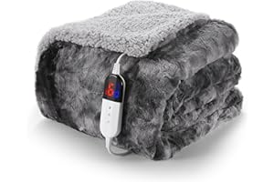 CURECURE Electric Blanket Soft Faux Fur Shaggy Heated Throw Blanket, 180 X 130cm, 6 Heating Levels & 1-10 Hours Auto Off Levels, Fast Heating & LED Display Controller, Machine Washable (Light Gray)