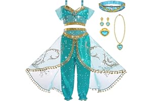 DiULi Kostium jaśminu, kostium księżniczki, zielony kostium księżniczki z pierścionkiem, kolczyki, naszyjnik, kostium księżniczki dla dziewczynek, odpowiedni na przyjęcie urodzinowe, do odgrywania ról