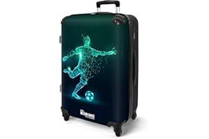 NoBoringSuitcases.com® Koffer Kinder Groß 67x43x25 cm Reisekoffer Kinderkoffer 4 Rollen Leicht Kindertrolley Mittelgroß Reise Hartschalenkoffer Fußball - Blau - Neon