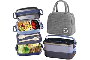 Haoh Lunch Box Acciaio Kit, 1100ml 2 Strati Ermetica Porta Pranzo da Ufficio con Posate e Borsa Termica Porta Pranzo, Bento Box Acciaio per Picnic Scuola Uffici Adulto(Blu)