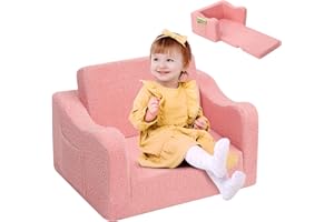 Kidirect Kindersofa Ausklappbar 2 in 1, Kinder Sofa Kinderzimmer aus Teddy mit Schaumstoff, Kindercouch Kindersofa mit 8cm dicken Armlehnen, Sofa Kinder für Kuschelecke Kinderzimmer, Teddy-Stoff Rosa