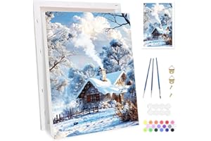 Bowetile Peinture par Numéros Chalet en Hiver Avec Cadre pour Adultes, Kit Noël Paysage pour Adulte et Enfant, Loisirs Créatifs avec Pinceaux, Activité Manuelle pour Décoration 20x30cm