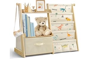 wooshwa Kids Bookshelf and Toy Storage, Montessori Wooden Children Bookcase and Toy Organizer, 4-tier Toddler Sling Book Shelf with a Large Storage Box for Nursery, Bedroom, Playroom (Dinosaur)