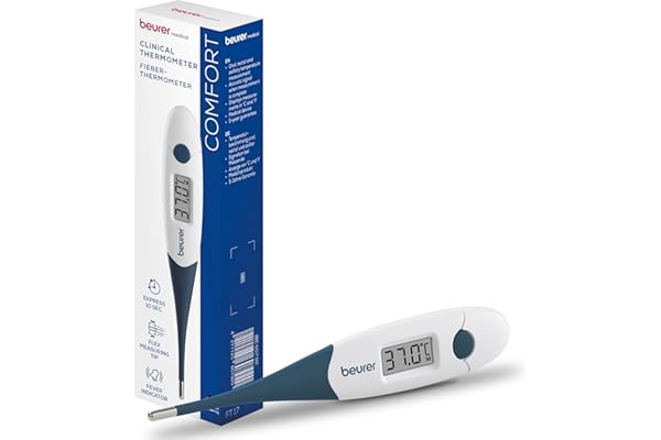 Beurer FT 17 Thermomètre clinique numérique, thermomètre avec pointe de mesure flexible pour la mesure orale, rectale et axillaire, mesure en 10 s, indicateur de fièvre, pour bébés, enfants et adultes