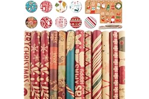 NMKL 12 Pcs Christmas Paper Xmas Wrapping Paper 50 * 70 cm Recyclable Christmas Wrapping Paper in 9 Designs with Christmes Tags (16ft Jute String and 15Tags)
