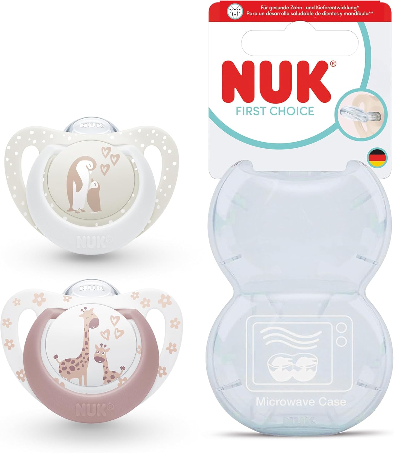 NUK First Choice Baby Dummies | 0-6 Months | Orthodontic Soothers | Soothes 99% of Babies** | Penguin & Giraffe | 2 Count