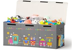 ADEHMDA Large Toy Box, Toy Box Storage with Lid, Collapsible Sturdy Toy Chest Box for Kids, Girls and Boys, Nursery Room and Living Room, 39.5"x13" x16"(grey-train)