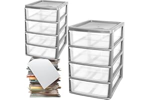 STORM TRADING GROUP A4 Desktop Plastic Storage Drawers Table Top Organiser 4 Pull Out Drawers Storage Tower Unit For Home, School, Office, Bedroom & Living Room (1, Silver)