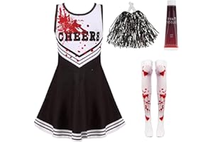 BOFYTR Dead Cheerleader Halloween Costume Kids, Zombie Cheerleader Costume for Girls with Fake Blood, Kids Halloween Fancy Dress Outfit for Halloween Parties