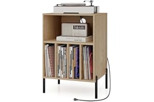 COSTWAY Meuble Tourne-Disque Vinyle avec Prise, Support Platine Vinyle pour 150 Albums, Station de Charge, 2 Ports USB, Ports Type-C, 4 Séparateurs, Bout de Canapé avec Compartiment (Naturel)