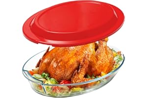 KARADROVA Plat à Four en Verre avec Couvercle, 3.5L - Plat à Lasagne pour le Four (PAS LE COUVERCLE), Oval, Récipient en Verre avec Couvercle en Plastique
