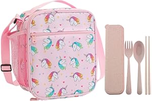 TAFACE 1 bolsa de almuerzo Rainbow Horse y 1 juego de cubiertos, bolsa de picnic aislada portátil, bolsa aislada multifuncional con bolsillos laterales de malla, para la escuela, picnic, camping (rosa)