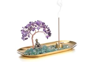 JOVIVI Portaincenso Bastoncino Soprammobile con Albero della Vita in Chakra Pietre, Bruciatore Incenso Ceneri con Statua di Buddha Piccola, Ornamento Decorativo Interni Casa Reiki Guarigione-Ametista