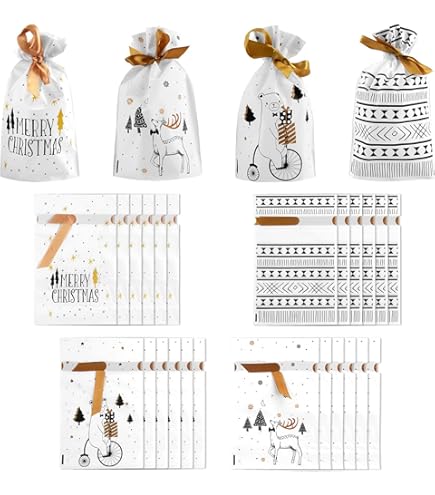 Lot De 24 Sacs-cadeaux De Noël Avec Cordon,Sac Cadeau,Sachet Bonbon,Pochette Cadeau,Sacs De Fête De Haute Qualité Pour Emballage De Cadeaux, Bonbons Et Plus,Parfaits Pour Noël, Mariages Et Fêtes