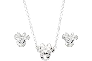 Disney Minnie Mouse Crystal Necklace and Stud Earrings and Set, Mickey's 90th Birthday Anniversary; Silver Plated Jewelry for Women