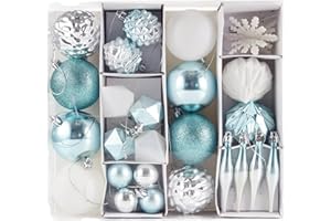 HEITMANN DECO Juego de 29 Bolas de Navidad Surtidas – Adornos de Navidad Turquesa, Plateado y Blanco para Colgar – Adornos de Navidad de plástico Turquesa, Blanco y Plateado