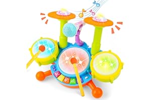 deAO Batterie Jouet Bébé, Tambour Enfant avec Maillets, 18 Musiques & Micro Réel, Effets Sonores et Lumineux Faisant de ce Kit Batterie Enfant Instrument, Instrument de Musique Bébé