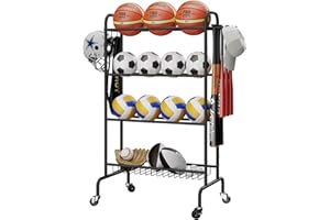 IBUYKE Ball Storage Rack, 4-Layers Rolling Basketball Football Rack with Wheels, Movable Garage Sports Equipment Storage Organizer for Football Soccer Volleyball Outdoor Indoor, Black TBL002B