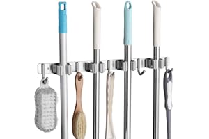 SHYOSUCCE Edelstahl Besenhalter, Besenhalterung Wand mit 4 Schlitze und 5 Haken, Gerätehalter Wandhalterung für Küche, Badezimmer, Garage und Garten, Grau