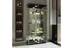 WOBOPCG Vitrina de cristal, vitrina de cristal con iluminación LED, vitrina con espejo, armario de cristal, vitrina moderna de pie para salón, oficina, objetos de colección, libros, vino (4 niveles, 2 puertas