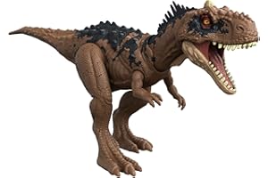 Jurassic World Figurine articulée et sonore de Rajasaurus Attaque Rugissante (33 cm) avec code ADN caché et scannable, à Collectionner, Jouet Enfant, Dès 4 ans, HDX35