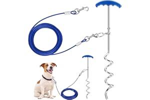 Auniq 10ft(3m) Dog Tie Out Cable with 16'' Spiral Ground Stake Spike, Heavy Duty Dog stake and Tie Out Cable Tie Out Leash for Small, Medium and Large Dogs Outdoor, Yard or Camping Playing (3m/10ft)