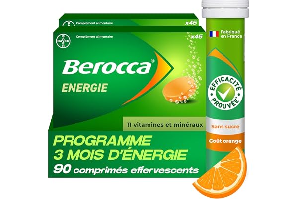 Berocca Energie Orange - Multivitamines et Minéraux - Vitamine C, B3, B5, B1, B12, Calcium, Magnésium et Zinc - Complément alimentaire - Aide à réduire la fatigue - 2x45 comprimés effervescents