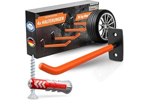 DORFER Tyre Wall Mount Set of 4 | 4x Tyre Holder Wall Mount Hardened Steel Including German Branded Dowels & Screws Galvanised | Rim Holder Wall | Car Tyre Wall Mount | TÜV Certified