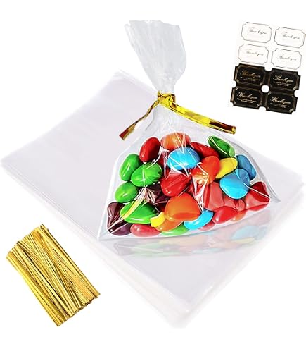 100 Pezzi Sacchetti Trasparenti 15 x 25 cm Sacchetti di Cellophane con 100 Pezzi Fiocchi Regalo Colorato Buste Sacchetti Trasparenti Sacchetti Regalo per Prodotti da Forno Popcorn Caramelle Sapone