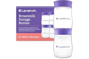 Lansinoh Butelki do przechowywania mleka matki, 4 x 160 ml, można układać w stos, bez BPA, szczelne, niezbędne do karmienia piersią, lodówka, zamrażarka, wielokrotnego użytku, pojemniki do