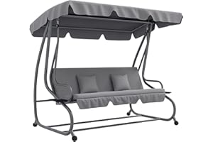 ‎OUTSUNNY Outsunny Hollywoodschaukel mit Liegefunktion, 3-Sitzer Gartenschaukel mit Verstellbarem Dach, Seitenklapptisch, wasserabweisender Schaukelbank belastbar bis 340kg, für Garten, 200x120x164cm, Hellgrau