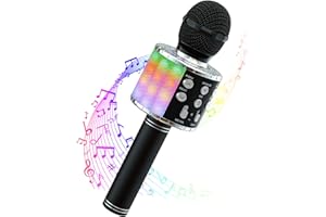 Wowstar Karaoke Micrófono Bluetooth, 5 en 1 Micrófono Inalámbrico con Luces LED para Niños Adultos Canta Partido Musica, Compatible con Android/iOS PC AUX o Teléfono Inteligente (Negro)