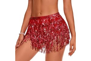QKEPCY Falda con Borlas De Lentejuelas para Danza del Vientre, Bufanda De Cadera, Disfraz De Rave, Vestido con Falda De Flecos Rave Falda con Flecos para Mujeres y Niñas