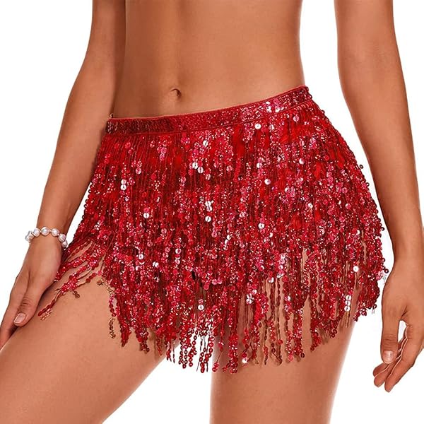 JasGood Paillettenrok voor dames, glitterrok, kort, sexy, minirok, heuprok met elastische taille, rok voor party, rave outfit, carnaval, oudejaarsavond, rozerood, L